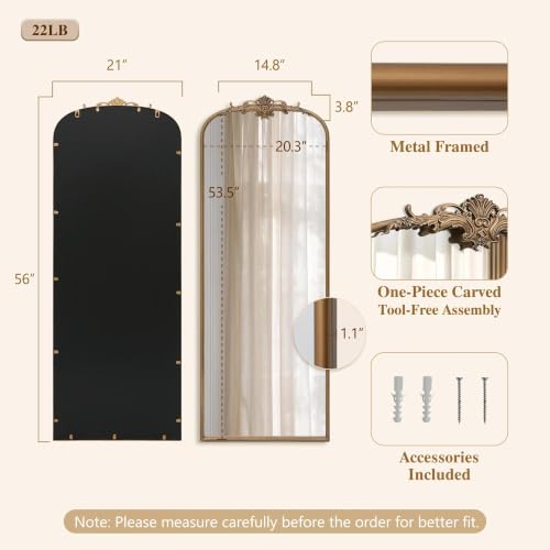 Besdomus Vintage Mirror Full Length: 21"x56" Brass Gold Arched Body Mirrors - color: Brass Gold, size: 56"L x 21"W