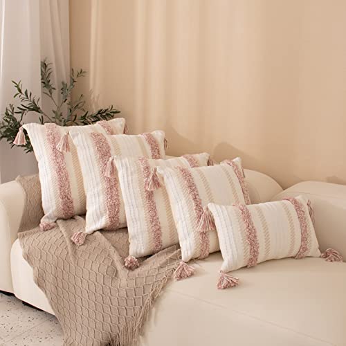 blue page Boho Tufted Square Pillow Cover 22 × 22 in – Neutral Pink | Woven Farmhouse Accent Decorative Throw Pillow Cover with Tassels & Invisible Zipper for Couch, Bed or Living Room - size: 22" x 22" (Pack of 1)