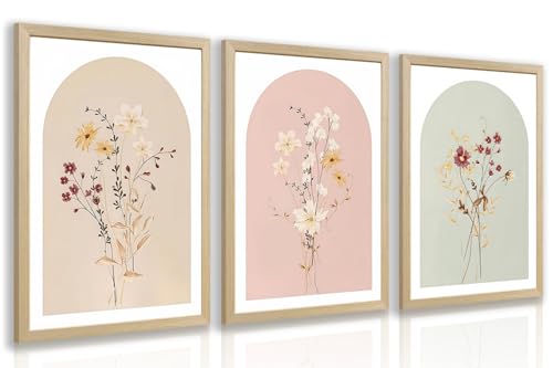 LERVR Wood Framed Botanical Wall Art Set of 3, Vintage Wildflower Canvas Print, Neutral Minimalist Floral Wall Decor, Rustic Farmhouse Botanical Artwork for Living Room Bedroom Bathroom 16x24 Inch - color: ColorWildflower, size: 24"L x 16"W