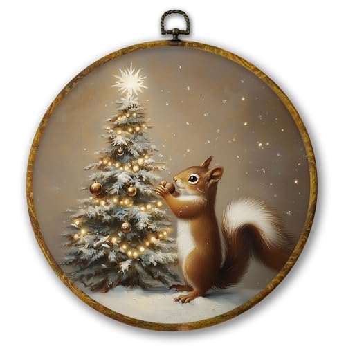 Mcehtle Vintage Christmas Tree Squirrel Wall Art Decor, Whimsical Winter Squirrel Framed Canvas Prints 10x10, Rustic Wild Animal Round Wall Hanging Artwork Decorations for Home Bedroom Living Room - color: Colour 11