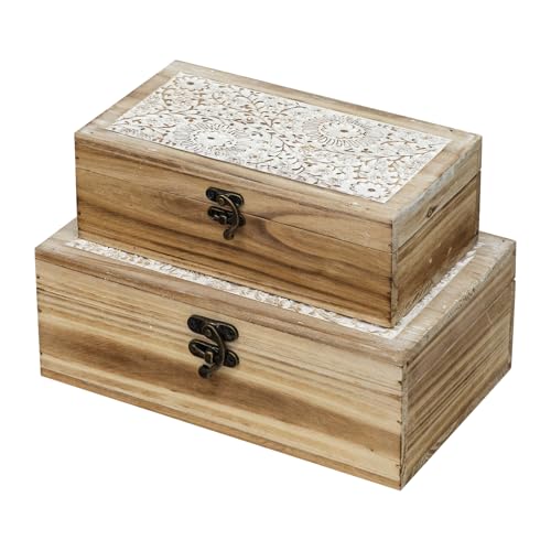 Rustic Farmhouse Wood Decorative Boxes, Set of 2 Keepsake Box Wooden Box with Hinged Lid and Floral Carved Design, Decorative Boxes for Home Decor (Brown) - color: Brown - 2PCS