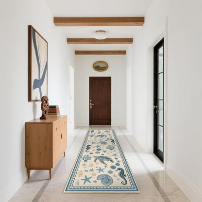 Coastal Nautical 2x6 Runner Rug for Hallway Kitchen Bedroom Sea Turtle - color: Coastal, size: 2' x 6' (Rectangular)