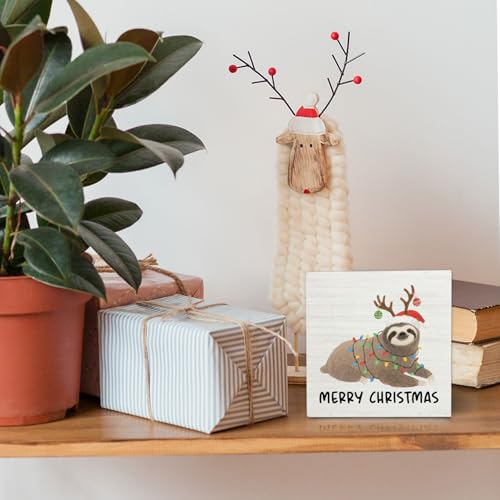 Merry Christmas Sloth Wooden Box Sign Desk Decor, Gifts for Sloth Lovers, Holiday Christmas Bradypod Wood Block Sign for Home Office Desk Table Shelf Wall Decorations, 5x5 Inch - color: Sloth