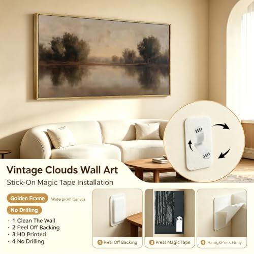 Framed Vintage Landscape Wall Art, Neutral Earthy Tone Lake and Trees Canvas Print, Retro Serene Nature Wall Decor for Living Room Bedroom Office, Ready to Hang - color: Lake view, size: 32"L x 16"W