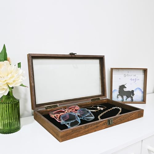 MOOCA Wood Jewelry Display Case with Tempered Glass Top, Black Velvet Pad - color: 1) Brown