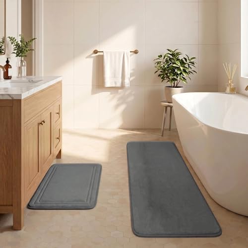 Grey Bathroom Rugs Memory Foam Bath Mat Runner Rug Set of 2 - color: Grey, size: 17 in x 24 in and 16 in x 47 in