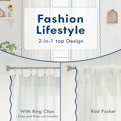 DriftAway Semi Sheer Scalloped Edge White Coastal Beach Window Curtains for Living Room Bedroom 2 Panels Rod Pocket Each Size 52 Inch by 96 Inch Navy - color: White Navy, size: 52"W x 96"L (Pack of 2)