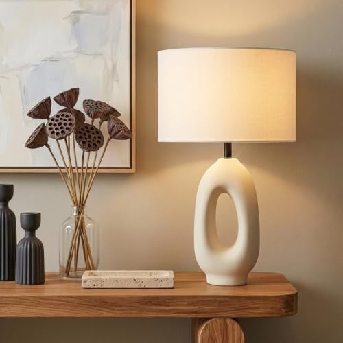 Brightech Artemis LED Table Lamp - Unique, Modern, Natural Ceramic Lamp for Bedside, Nightstand, Desk - Cozy, Chic Home Decor, Warm White Light and USB-C Charging for Living Room, Bedroom, Entryway