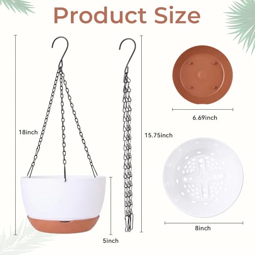 3 Pcs 8'' Hanging Planters for Plants Indoor Outdoor, Plastic Self Watering Pot with Drainage Holes Removable Tray, Hanging Baskets Flower Pot for Home Balcony Terrace Decoration (White)