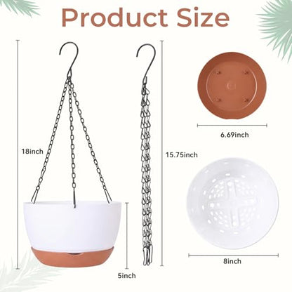 3 Pcs 8'' Hanging Planters for Plants Indoor Outdoor, Plastic Self Watering Pot with Drainage Holes Removable Tray, Hanging Baskets Flower Pot for Home Balcony Terrace Decoration (White)