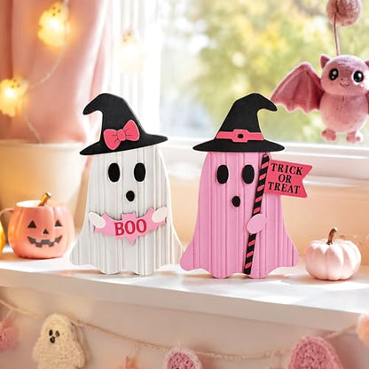 Valery Madelyn Pink Halloween Decor, Set of 2 Cute Halloween Ghost Decor, Witch Hat Boo & Trick or Treat Wooden Tabletop Signs for Home, Shelf, Tiered Tray Party Display, 5 Inch - size: Medium