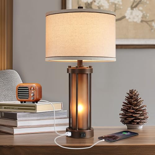 RORIA Farmhouse Table Lamps for Living Room with USB C+A Ports - color: 1 Pack-Brown