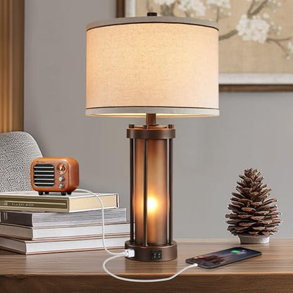 RORIA Farmhouse Table Lamps for Living Room with USB C+A Ports - color: 1 Pack-Brown
