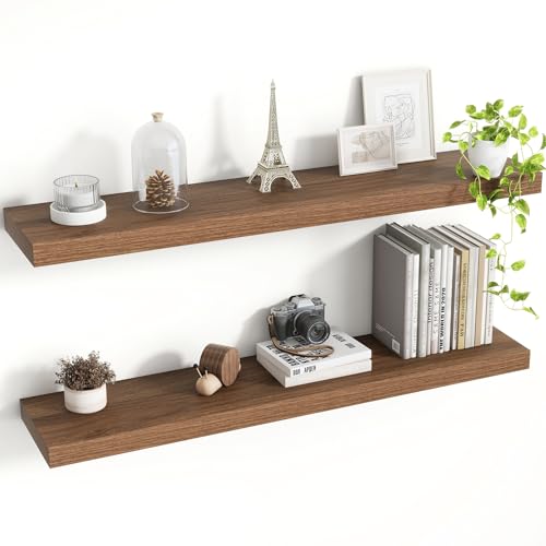 Acovy 36 Inch Floating Shelves, 8 Inch Deep Floating Shelves for Wall, Hanging Shelf with Invisible Brackets, Deep Shelves for Bathroom, Bedroom, Living Room, Walnut, Set of 2 - color: Walnut, size: 8"Wx36"L-2pcs