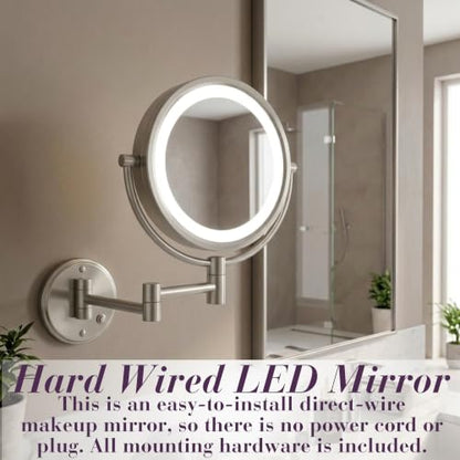 JERDON Hardwired Wall-Mount Makeup Mirror - 8X/1X - Nickel - HL88NLD - color: Nickel Direct Wire