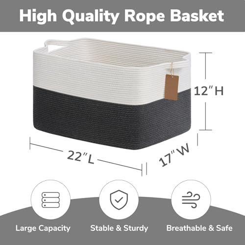 Goodpick 75L Extra Large Woven Rope Blanket Basket, Rectangle, Dark Gray - color: Dark Gray, size: 22"L x 17"W x 12"H