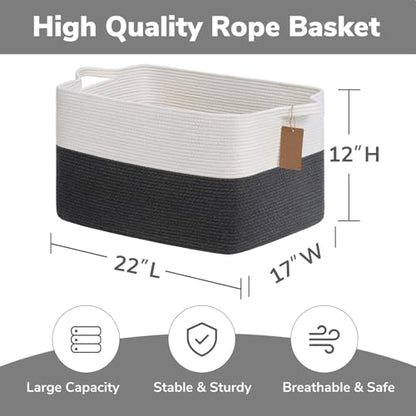 Goodpick 75L Extra Large Woven Rope Blanket Basket, Rectangle, Dark Gray - color: Dark Gray, size: 22"L x 17"W x 12"H