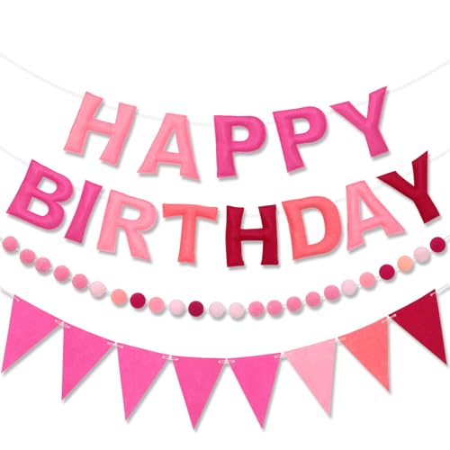 Pre-Strung Felt Happy Birthday Banner Pink Garland Set - color: Ombre Pink