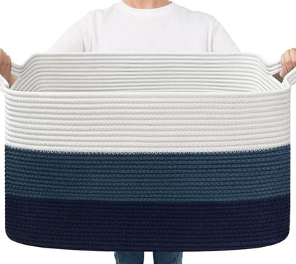 Goodpick Large Woven Rope Blanket Basket, Rectangle, Light Blue - color: Light Blue, size: Large(21.6"L x 14.9"W x 11.8"H)