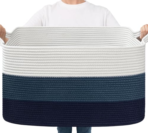 Goodpick Large Woven Rope Blanket Basket, Rectangle, Light Blue - color: Light Blue, size: Large(21.6"L x 14.9"W x 11.8"H)