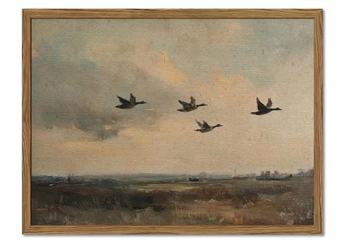 Vintage Flying Duck Wall Art, Rustic Landscape Wall Decor Retro Bird Painting Nature Wilderness 3D Textured Hand Drawn Sandstone Artwork Aesthetics for Bedroom Living Room 12x16 inch Wood Framed - color: vintage, size: 16"L x 12"W
