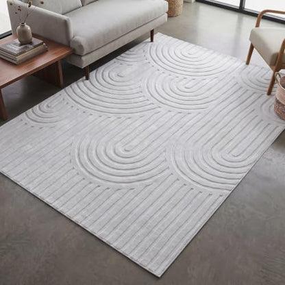 Washable 6x9 Area Rug, High Low Pile Cream Neutral Arch Textured Large Soft Carpet, Non-Slip Stain Resistant Rug for Living Room Bedroom Dining Room, Under Table Rug - color: High-low Pile Curved Off-white Rug, size: 6' x 9' (Rectangular)