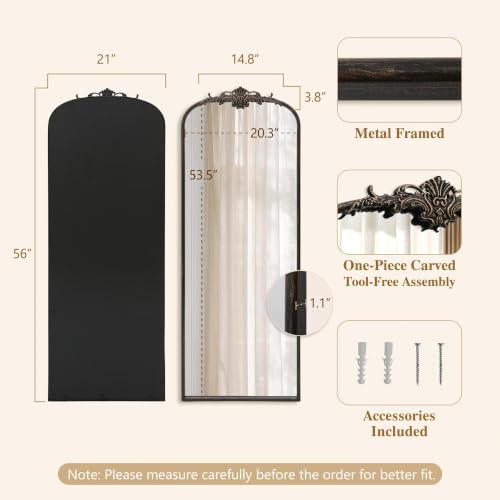 Besdomus Vintage Mirror Full Length: 21"x56" Black Long Arched Body Mirrors - color: Black Gold, size: 56"L x 21"W