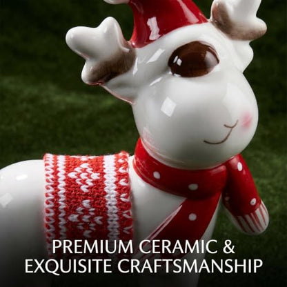 Christmas Decor Reindeer Deer Decor Ceramic Figurine White Glazed Deer Figurine with Santa Hat Scarf Knit Blanket for Tabletop Mantel Shelf Christmas Decorations Indoor
