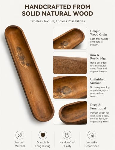 30 Inch Decorative Wooden Dough Bowl, Wooden Bowls, Large Long Hand Carved Rustic Bread Key Bowl, Wooden Tray, Dough Bowls for Decor, Decorative Bowl for Living Room Dining Room Kitchen Table