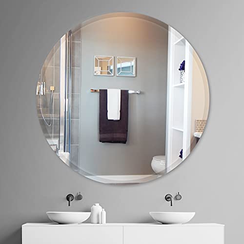 36 Inch Round Frameless Bathroom Mirror, Beveled Round Mirror, Circle Vanity Mirror with 1" Beveled Edge for Bathroom, Entryways, Living Room - size: 36"L x 36"W