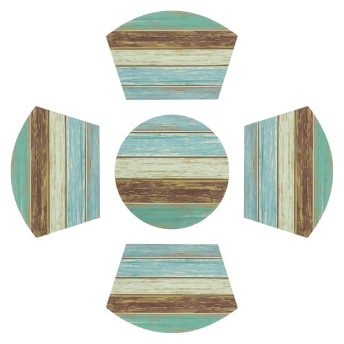 SHACOS Small Round Table Placemats Set of 5 Woven Vinyl Wedge Placemats with Centerpiece Round Table Mats Wipe Clean, Teal Brown Stripe Wood Board - color: Teal Brown