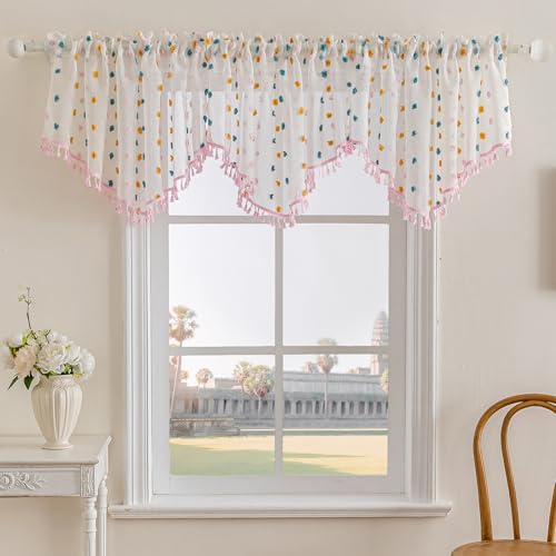 3 Pieces Boho Sheer Valances for Windows, Cute Pom Pom Rod Pocket Light Filtering Short Valance Curtains with Tassels for Nursery Kids Bedroom Bathroom Cafe (Pink B,55"x24") - color: Pink B