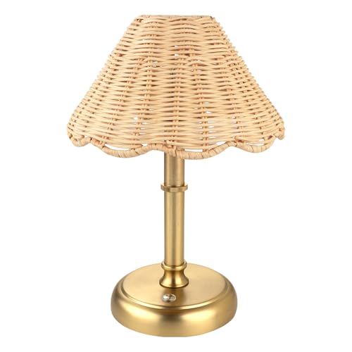 Mini Cordless Boho Rattan Table lamp, 5200-mAh Rechargeable Battery, 3-Level Brightness Dimmable, Build-in Integrated LED 320 Lumen Max, Rattan Shade, for Bedside Restaurant Dining Table - color: 11'' Tall Gold