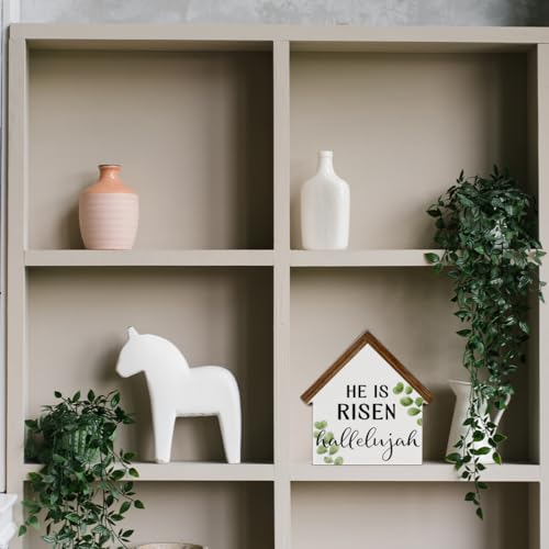 He Is Risen Sign Decor, Easter House Shaped Wood Block Sign - color: HE-1
