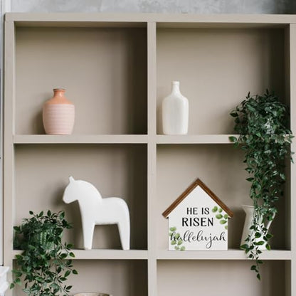 He Is Risen Sign Decor, Easter House Shaped Wood Block Sign - color: HE-1