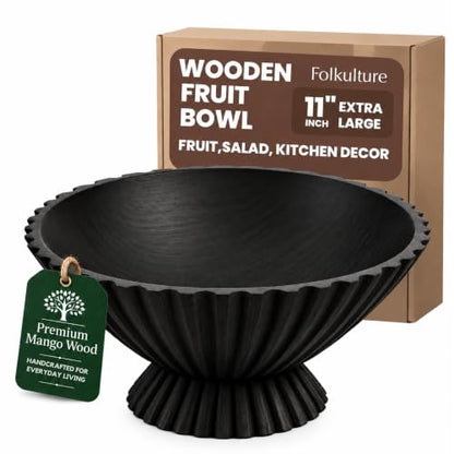 Folkulture Wooden Fruit Bowl for Kitchen Island,(11") Countertop - color: Charcoal
