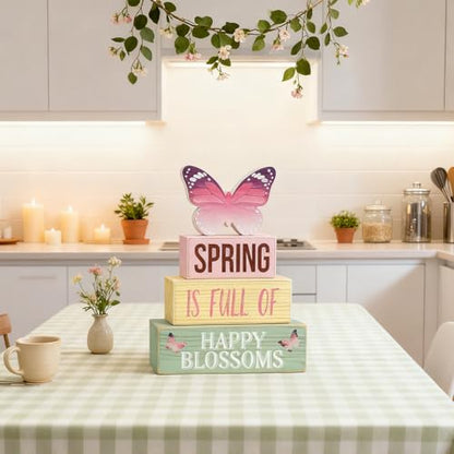 Spring Decoration Wooden Tiered Tray Decor – Butterfly Spring Stacked Block Sign with Floral Accents – Farmhouse Tabletop Spring Decor for Shelf Mantel Seasonal Home Display - style: Butterfly