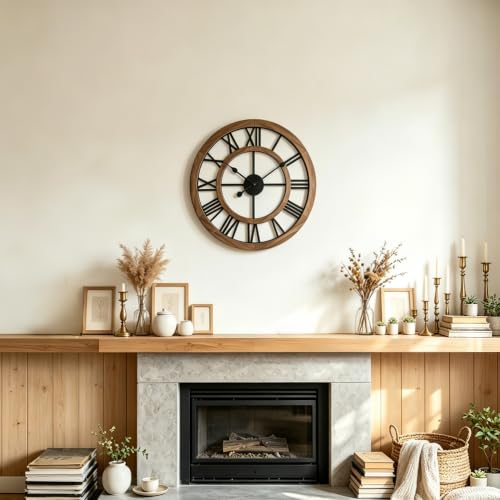 24 Inch Large Rustic Wall Clock Silent Non-Ticking Wooden Wall Clocks with Roman Numerals Farmhouse Decorative Clock for Living Room Bedroom Office (Brow) - color: Brown, size: 24 Inch