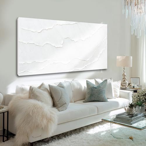 White Abstract Textured Canvas Wall Art for Living Room 24x48 Inch - color: White, size: 48"L x 24"W
