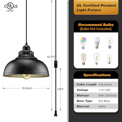 Plug in Pendant Light, 15FT Hanging Lights with Plug in Cord, On/Off Switch - color: Big black