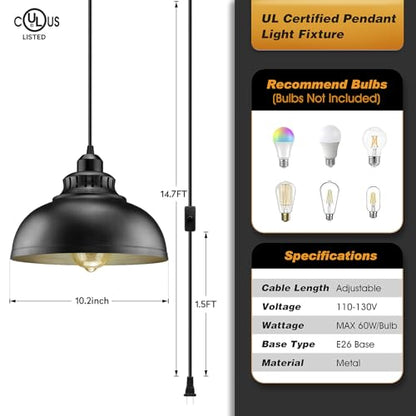 Plug in Pendant Light, 15FT Hanging Lights with Plug in Cord, On/Off Switch - color: Big black