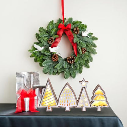 Christmas Tabletop Decorations, Lighted Wooden Christmas Tree Table Decor, Indoor Xmas Tree Block Sign with LED Lights, Farmhouse Winter Holiday Centerpiece for Mantel Shelf (White)