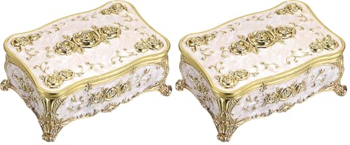 Hipiwe Metal Jewelry Box with Rose Pattern - Vintage Gold Trinket Organizer Box with Magnetic Latching Keepsake Storage Box for Ring Earrings Necklaces, Gift for Women (Pack of 2) - color: Beige, size: Small (Pack of 2)