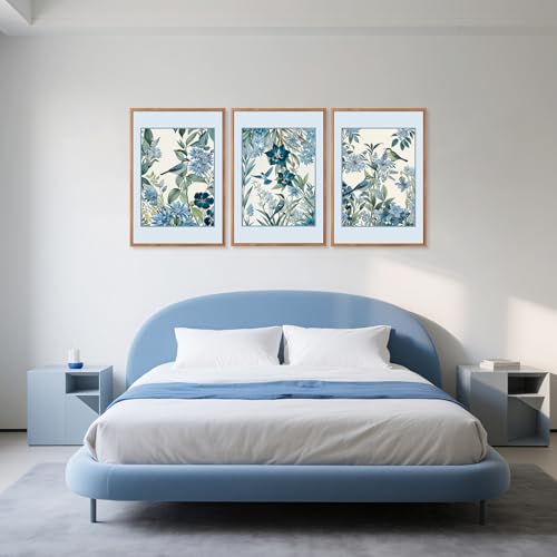 Aurlan 3 Pcs Blue Birds Flowers Framed Canvas Wall Art 24x36 Inch - color: Blue Birds on Botanical, size: 24"L x 36"W