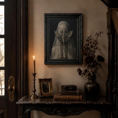 Gothic Framed Dark Academia Wall Art Moth Veiled Woman Canvas Wall Decor - color: Framed-Girl, size: 16"L x 12"W