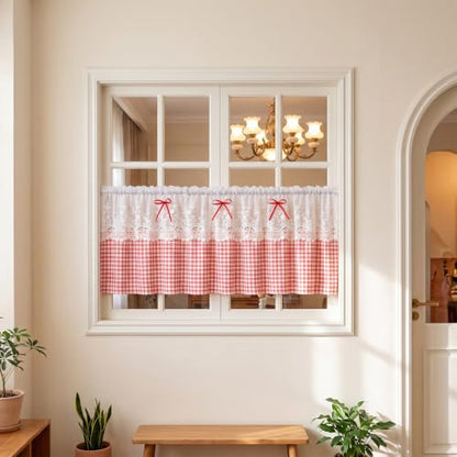 Red Gingham Valance Lace Curtain for Small Window Shabby Chic 52Wx18L - color: Red Gingham, size: 52"W x 18"L (Pack of 1)