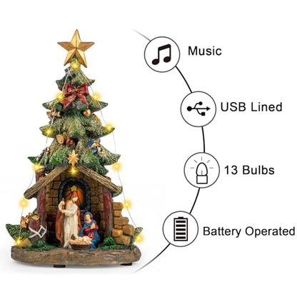 Qualdout Christmas Tree Nativity Scene with Figurines LED Light, Christmas Holy Family Nativity Scene for Xmas Decor Gift, Tabletop Decorative Christmas Ornaments