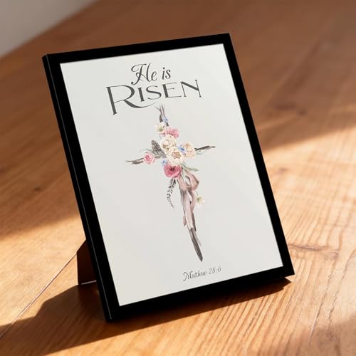 dzbLuck He Is Risen Christian Wall Art, Floral Cross Print in Wood Frame - color: Cross, size: 8"L x 10"W