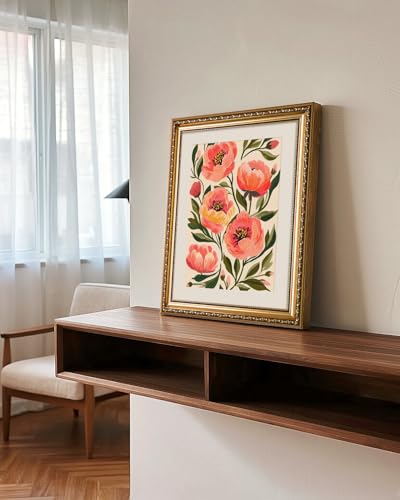VIYYIEA Gold Framed Peony Floral Wall Art, 13×16 Inch - color: Blooming Flowers, size: 16"L x 13"W