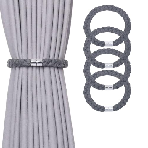 NICEEC 4 Pack Natural Cotton Rope Magnetic Curtain Tiebacks Elegant Twisted Braid Style Drape Tie Backs Soft Hand-Woven Rope Curtain Holdbacks for Home & Office Window Draperies (Dark Grey-01) - color: Dark Grey-01, size: 4 Pack